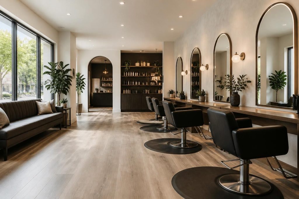 Modern hair salon interior with styling stations and soft natural light