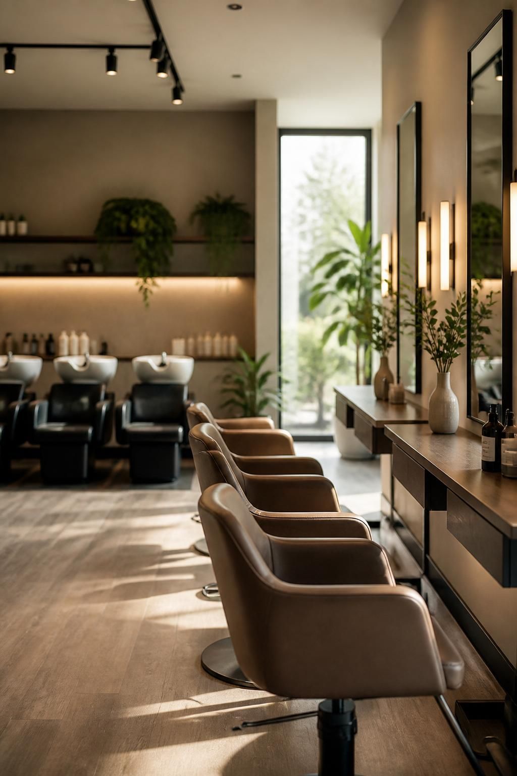 Welcoming salon shampoo area and styling chairs in soft light