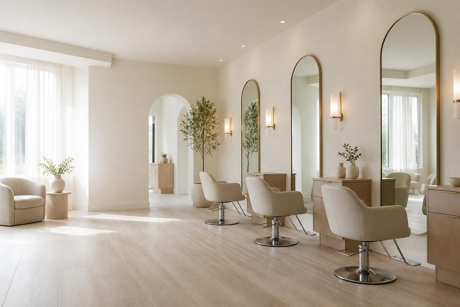 Bright salon interior with open space and polished styling stations